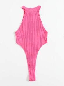 SHEIN ICON Solid Rib-knit Bodysuit - Hot Pink - View 3