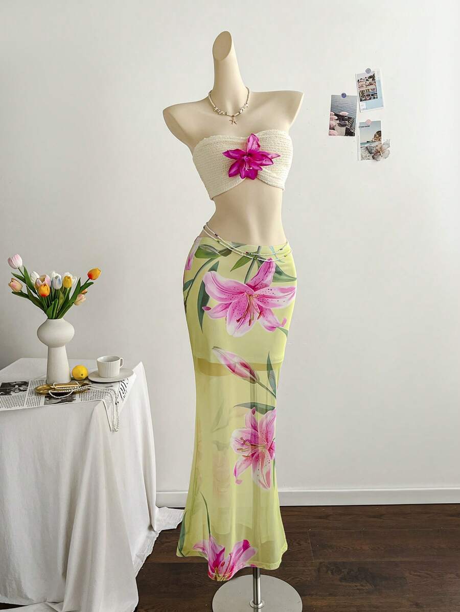 Soleia 2 件套女式针织纹理印花长裙，带人造花装饰，适合海滩度假、约会、音乐节、波西米亚风格