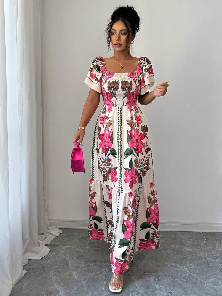 Elenzga Đầm Maxi in hoa dáng chữ A nhún bèo eo cao thanh lịch, giản dị, thoải mái và thời trang cho nữ - Hồng - Xem 5