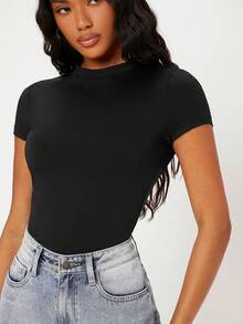 SHEIN BASICS Camiseta unicolor forma ajustada - Negro - Ver 3