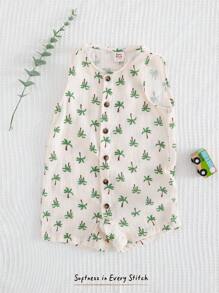 Cozy Pixies Peto de niño bebé con estampado de árbol de coco de dibujos animados, de cuello redondo y sin mangas, shorts, casual y versátil