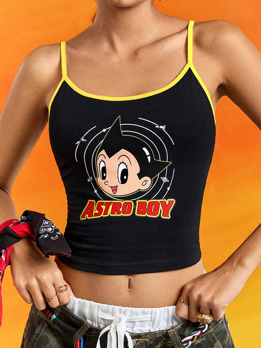 Astro Boy X SHEIN Women's Cartoon Pattern Fitted Cropped Camisole Top For Summer - Black - View 1