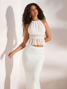 Opulessa Summer Outdoor Holiday Date Set, Plain Knitted Lace Necktie Top With A Full Back And Ruffled Hem Floor-Length Skirt For Ladies. Summer Beach Set For Vacation, Back-To-School Outfit, Very Simple Outfit, Office Outfit, Old Money Outfit, Teacher Outfit, Date Outfit, Graduation Season, Ladies' Independence Day Clothing, Outfit For Attending Wedding Season Sister Afternoon Tea Party And Festival Gathering.