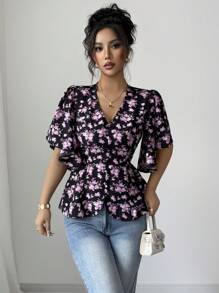 Elenzga Áo sơ mi nữ cổ chữ V họa tiết hoa phong cách Pháp thanh lịch, tay bồng, dáng ôm, thích hợp mặc khi đi làm, hàng ngày, đi nghỉ, trà chiều, mùa xuân và mùa hè - Hồng - Xem 4