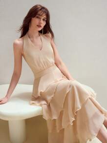 MOTF STUDIO ROMANTIC HOLIDAY HALTER NECK LAYERED RUFFLE HEM MID-LENGTH DRESS - Apricot - View 1