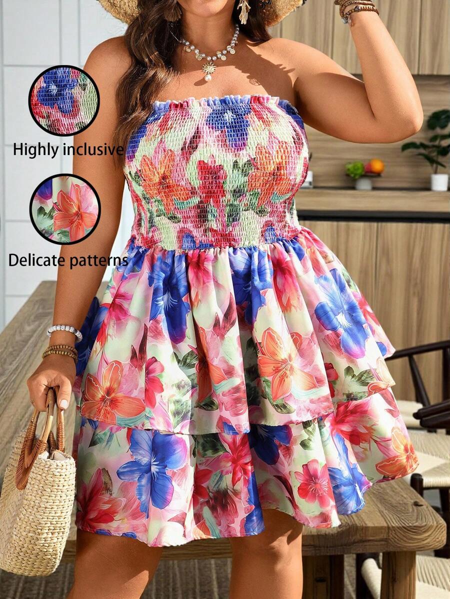Breezaya Plus Size Women's Strapless Dress, Casual Chinese Style Vacation Dress Suitable For Party, Gathering, Street Wear, St. Patrick's Day, Easter, Valentine's Day, Thanksgiving, Christmas, Comfortable, Versatile, Flattering, Fashionable Spring & Summer