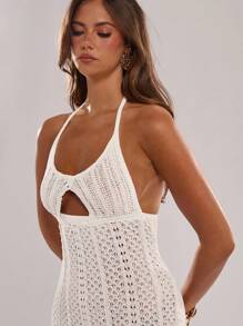 SHEIN BAE New Fashion Elegant Strapless Shell Hollow Out Knit Dress For Women - White - View 6