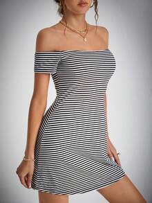 SHEIN Tall Striped Print Off Shoulder Dress,Tea Party Dress,Summer Dresses For Women - Black and White - View 3