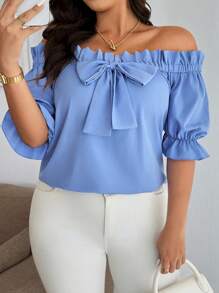 Easura Plus Size Women's Versatile Off Shoulder & Square Neck Blouse, Elegant For Office Wear, With Bow