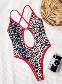 Swim Vcay Swim SXY Women Leopard Print Contrast Trim Plunge Neck Cross Back Metal Floral Decor Sexy Beach One-Piece Swimsuit For Summer Beach Vacation