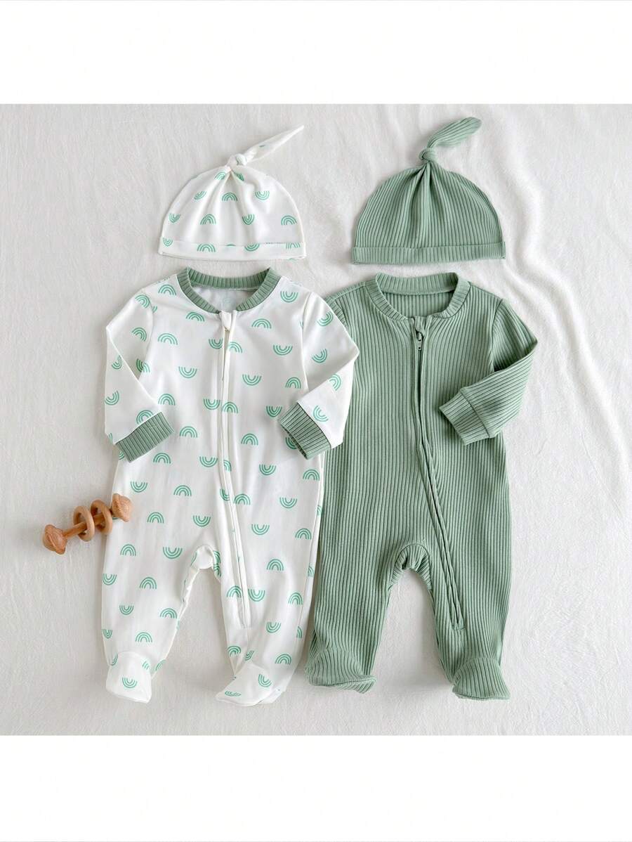 Loomiva Newborn Baby Girl 2pcs Soft Knitted Round Neck Long Sleeve Jumpsuit Set Print - Multicolor - View 1
