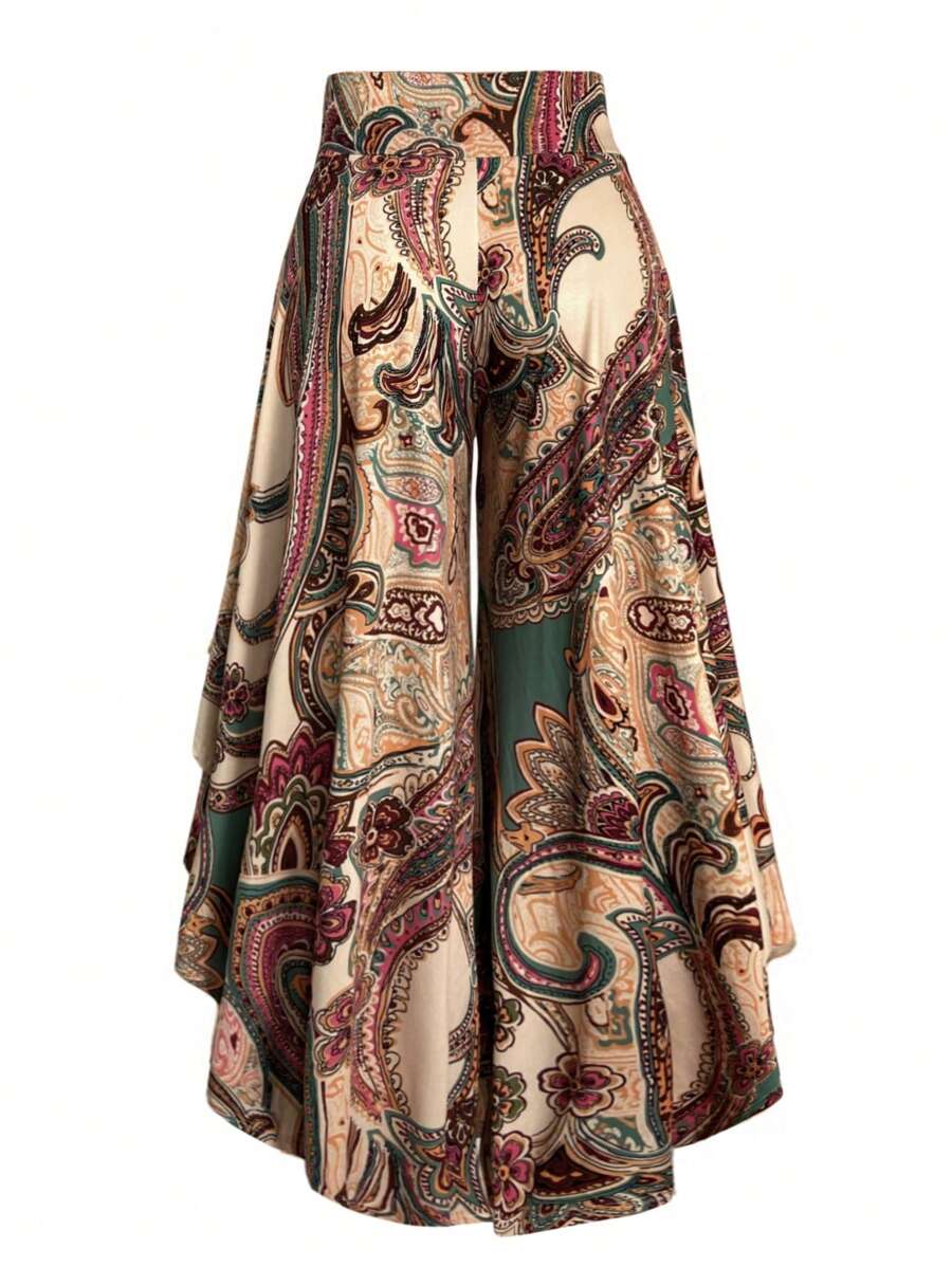 EMERY ROSE Plus Size Women Loose Paisley Print Asymmetric Hem Wide Leg Pants Fall Cloth For Women - Multicolor - View 1