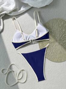 SHEIN Swim Bộ 2 món/Bộ đồ bơi bikini hở lưng có dây đeo điều chỉnh màu sắc mùa hè mới & đồ bơi đi biển cạp cao có thể điều chỉnh cho nữ - Màu xanh hải quân - Xem 5