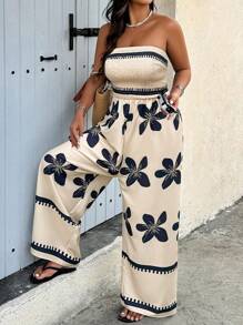 EMERY ROSE Plus Size Abstract Print Strapless Jumpsuit, Minimalist Design - Multicolor - View 1