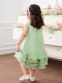 SHEIN Baby Girl Woven Plain Collar Splicing Mesh Ruffle Hem Fitted Dress - Green - View 2