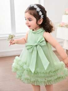 SHEIN Baby Girl Woven Plain Collar Splicing Mesh Ruffle Hem Fitted Dress - Green - View 3