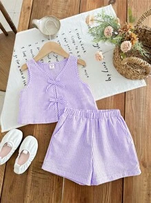 SHEIN Conjunto de 2 piezas de niña joven con top de cuello redondo de rayas tejido y shorts tejidos - Morado - Ver 4