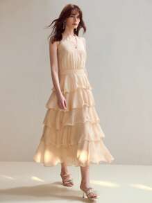 MOTF STUDIO ROMANTIC HOLIDAY HALTER NECK LAYERED RUFFLE HEM MID-LENGTH DRESS - Apricot - View 5