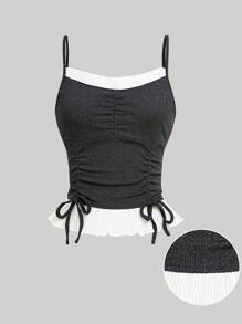 Sexy Camisole Spaghetti Strap Crop Top With Drawstring - Dark Grey - View 1