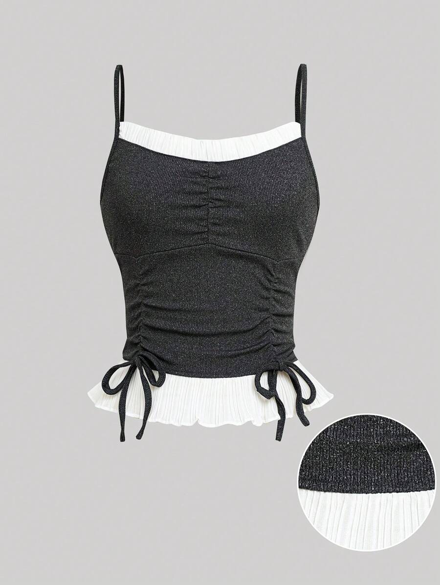 Sexy Camisole Spaghetti Strap Crop Top With Drawstring - Dark Grey - View 1