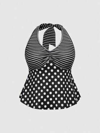 ROMWE Avant Plus Size Women Sicily Vacation Summer Striped Polka Dot Tie Neck Halter Top