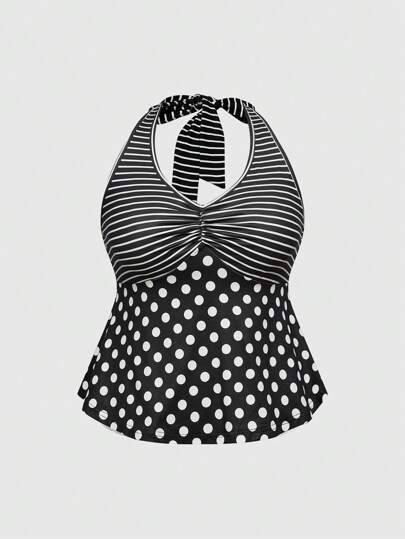 ROMWE Avant ملابس علوية بياقة منشارية وحلقات على الرقبة ذات بقع وخطوط شاطئية لقياسات إضافية، مناسبة للنساء الصيف في صقلية