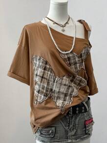 SHEIN EZwear 女士不对称蝴蝶格子短袖 T 恤 - 駝色 - 查看 5