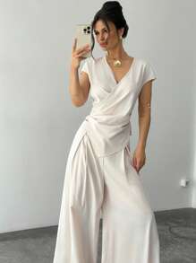 Firerie 女士商务通勤时尚休闲亚麻纯色亚麻裹肩袖上衣，奶油黄色套装/七月四日，机场亚麻质感女士装 - 杏色 - 查看 6