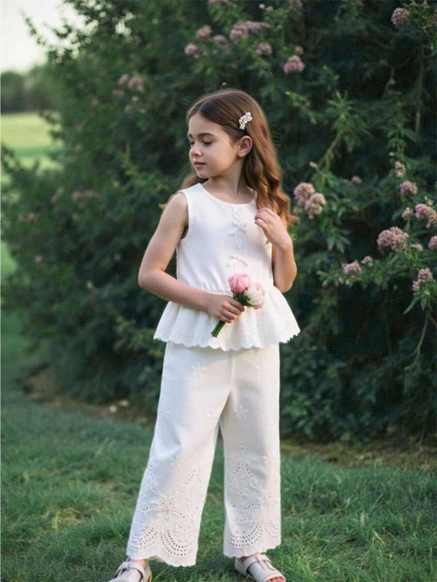 SHEIN 年轻女孩时尚无袖镂空刺绣腰部细节连体裤，夏季 - 白色 - 查看 1