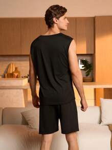 SHEIN 2 件男士黑色圆领无袖上衣和短裤家居服套装 - 黑色 - 查看 2