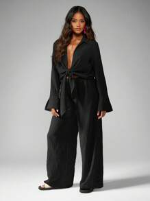 MISSGUIDED Linen Feel Wide Leg Palazzo Pants Co Ord With Front Tie Crop Top Professional Office Evening Wear - Black - View 4