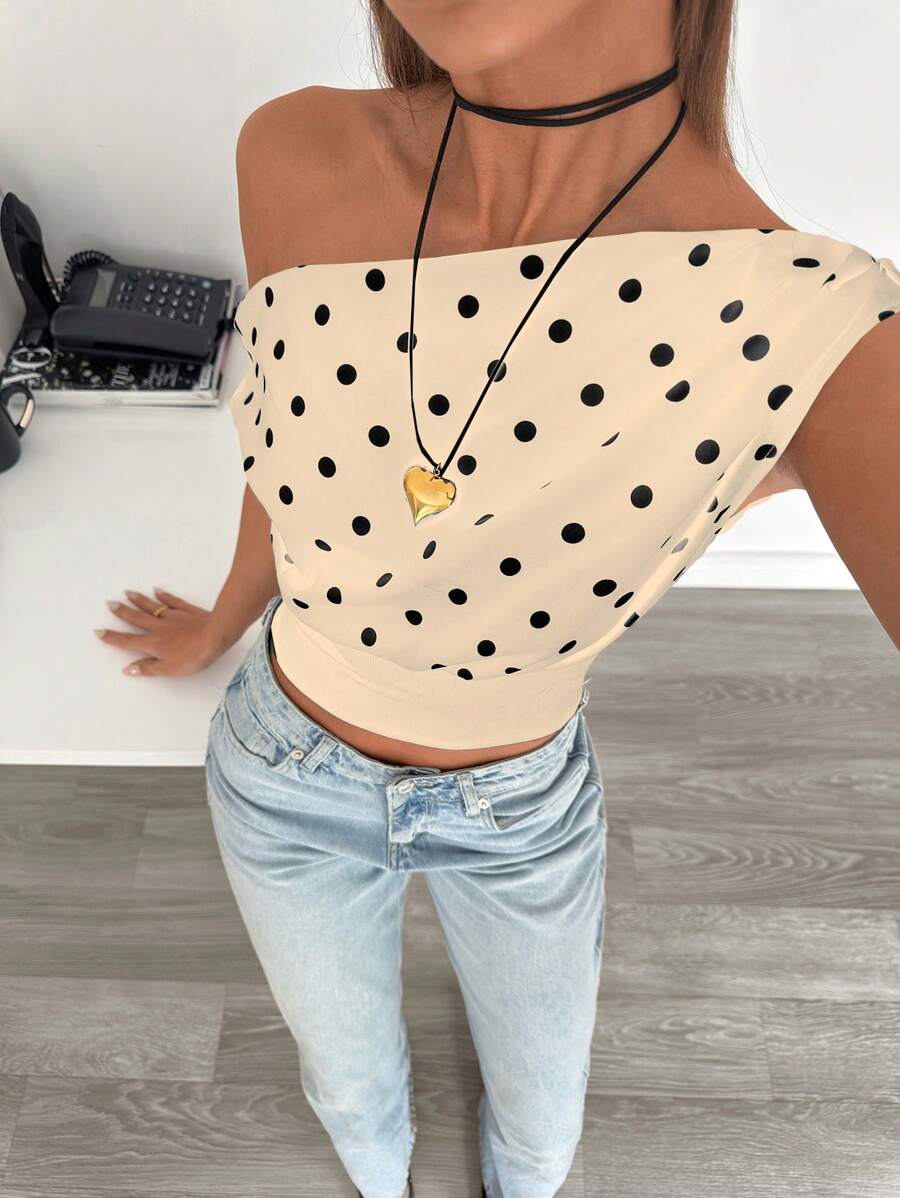 Siren Gaze Top corto asimétrico de mujer con estampado de lunares para verano y vacaciones - Albaricoque - Ver 1
