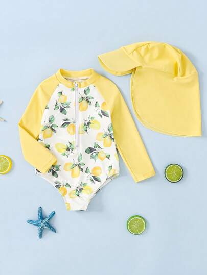 SHEIN Set de 2 piezas de traje de baño para bebé niña con protección solar de manga larga con estampado floral y bloques de color, incluye sombrero