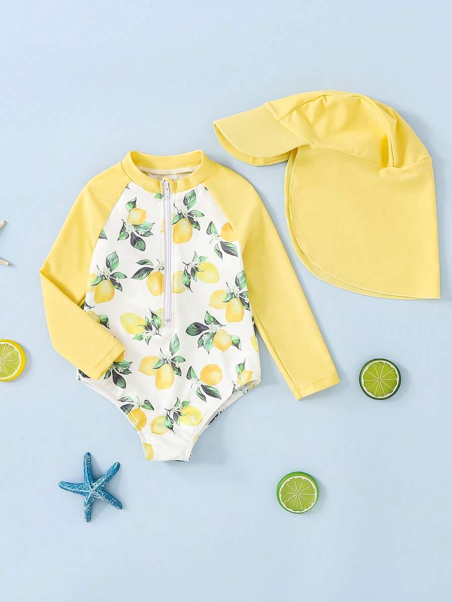 SHEIN 2pcs/Set Babygirl Floral Print Color-Block Long Sleeve Rash Guard Swimwear & Hat Set - Multicolor - View 1
