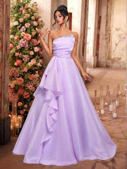 Glamrae 优雅奢华串珠亮片拼布欧根纱荷叶边超长连衣裙，下摆超大，适合婚礼、派对、度假、舞会、晚会（重饰）、正式、派对礼服、礼服，适合婚礼宾客