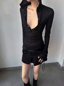 INAWLY 女式纯色透明褶饰抽绳连帽T恤上衣 - 黑色 - 查看 4