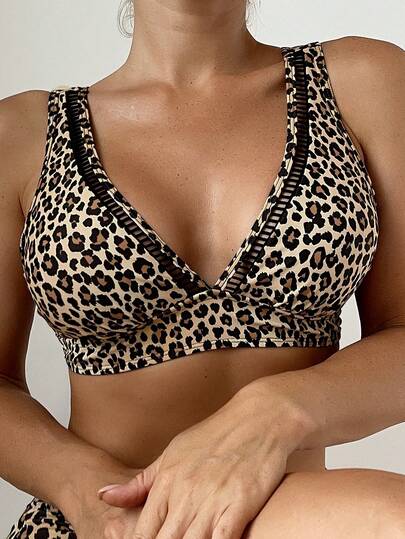 SHEIN Swim 2025 Leopardmönstrad halterneck-baddräktstopp (Slumpmässigt tryck)