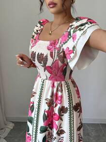 Elenzga Đầm Maxi in hoa dáng chữ A nhún bèo eo cao thanh lịch, giản dị, thoải mái và thời trang cho nữ - Hồng - Xem 7