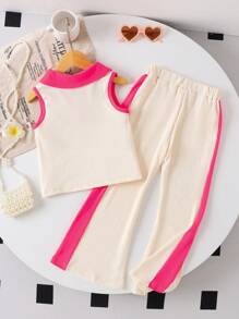 SHEIN Playful Pals 2 件套女童 3D 花卉针织撞色 Polo 衫和针织喇叭裤，夏季服装 - 玫紅色 - 查看 2