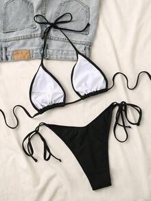 Swim Vcay Summer Beach Solid Bikini Set Halter Triangle Bra & High Cut Bottom 2 Piece Bathing Suit - Black - View 5