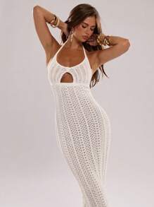 SHEIN BAE New Fashion Elegant Strapless Shell Hollow Out Knit Dress For Women - White - View 5