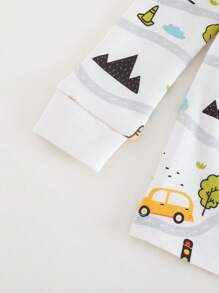 Cozy Pixies Babypojke Tecknad Biltryck Mjuk Stickad Rund Halsringad Långärmad Topp Och Resårmidja Långa Byxor Tätt Passande 2-Delat Pyjamasset - Multifärgad - Visa 3