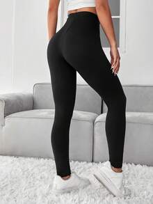 SHEIN PETITE Solid High Waist Bodycon Black Leggings - Black - View 2