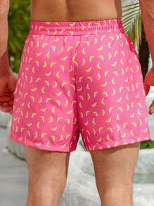 Manfinity Swimmode 男士香蕉印花抽绳腰带沙滩短裤，夏季度假 - 粉色 - 查看 6