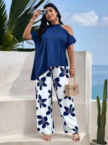 SHEIN LUNE Plus Size Blue Casual Loose Off-Shoulder Two-Piece Suit, Suitable For Summer, Contrast Vintage Blue And White Print Wide-Leg Pants And Off-Shoulder Asymmetrical Hem Shirt, Women's Two-Piece Suit, Resort Style, Holiday Outfit, Bohemian Style, Old Style, Ins Blogger Outfit, 2-Piece Suit,Simple And Stylish For Mother's Day - Navy Blue - View 6
