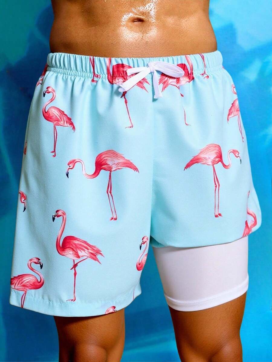 SHEIN 1 pieza Pantalones de playa de 2 en 1 con estampado de grulla de corona roja para niño preadolescente, adecuados para vacaciones, viajes, deportes y temporadas de primavera y verano - Multicolor - Ver 1