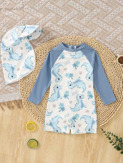 SHEIN Conjunto de traje de baño de una pieza con estampado de dinosaurios y gorra para bebés y niños pequeños
