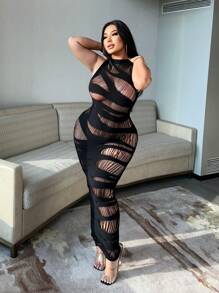 NU&NOW Váy sọc rỗng gợi cảm cho nữ cỡ lớn - màu đen - Xem 6