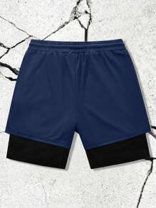 Manfinity LEGND Pantalones cortos multifuncionales casuales para hombre 2 en 1, pantalones cortos de 2 colores contrastantes con estampados de cruz y eslogan, cintura con cordón y elástico con bolsillos, adecuados para gimnasio, entrenamiento y deportes, gran regalo para esposo o novio