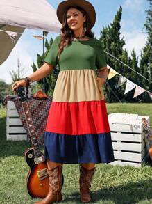 EMERY ROSE Robe décontractée à volants et blocs de couleurs, manches courtes, taille grande. Style simple et mode. Convient pour l'été, le style décontracté, la mode estivale, les tenues de femmes, les tenues de concert country, les tenues western pour femmes, les vêtements d'été pour femmes en grande taille, les vêtements d'affaires décontractés pour femmes en été - Multicolore - Voir 5